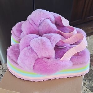 UGG Fluffy Pink Slippers with Rainbow Sole